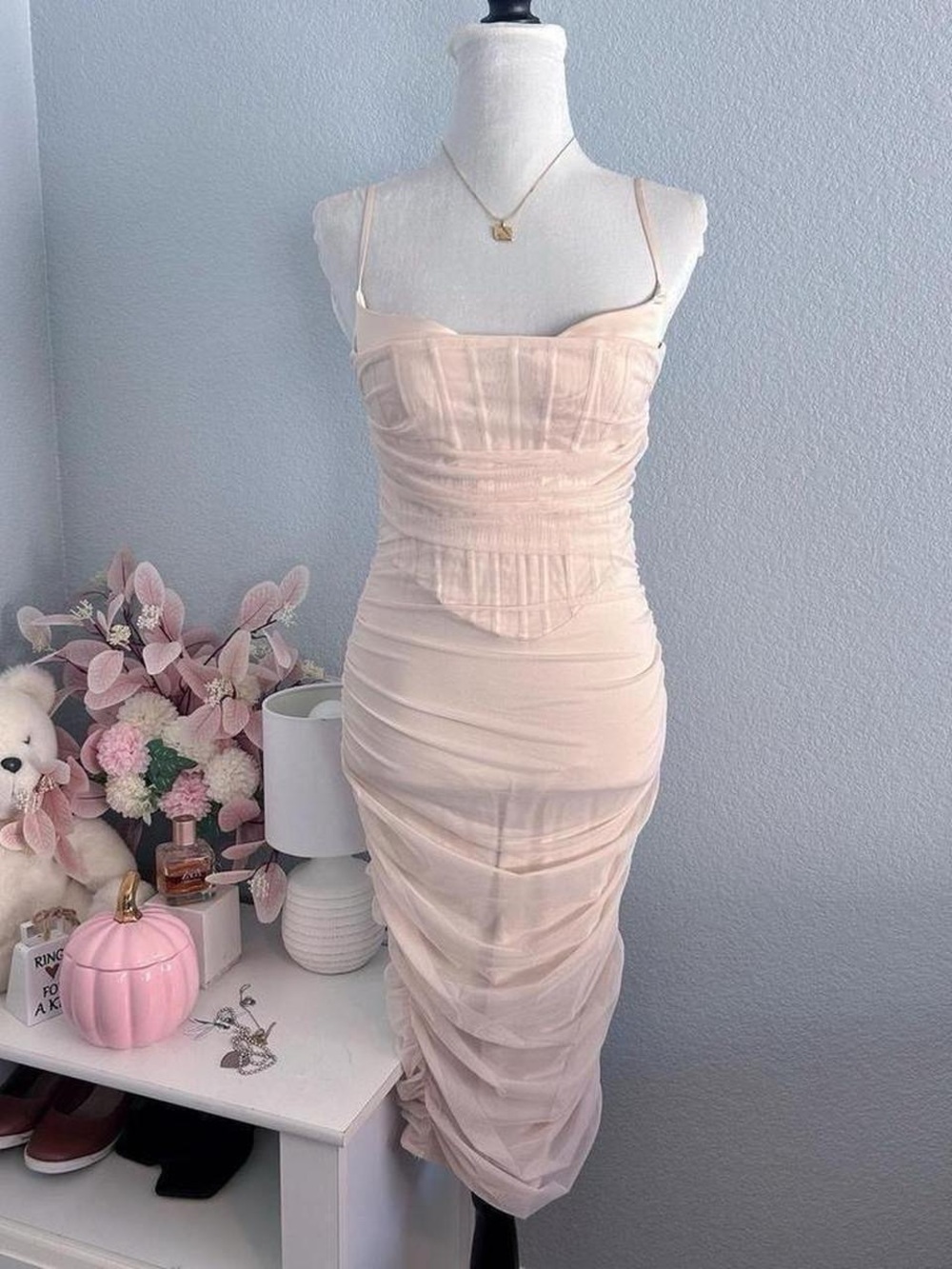 Oh Polly Cream Beige Mesh Corset Bustier Midi Bodycon Dress